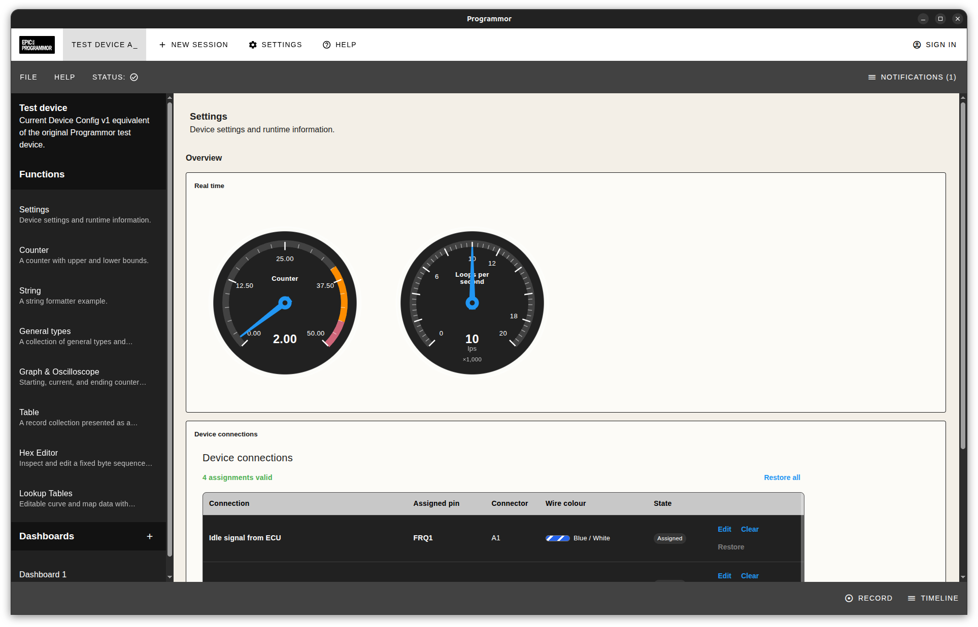 Programmor device overview with live gauges and a table of device connections